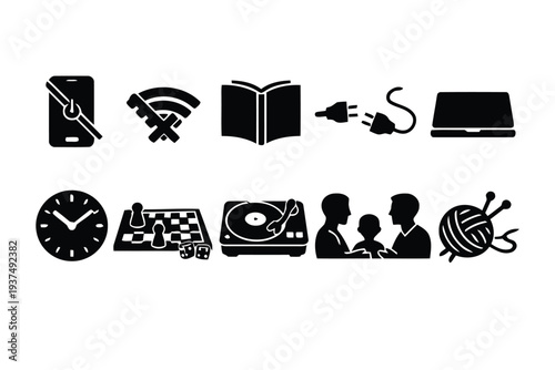 Set of icons representing hobbies and leisure activities for modern life