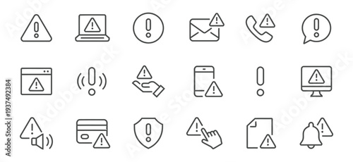 Set of modern warning and attention icons with notification alerts and error symbols
