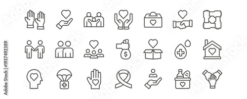 Set of icons representing charity and donation in outline style