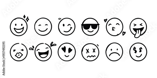 Set of hand drawn doodle emoticons with various expressions and emotions, isolated on white background