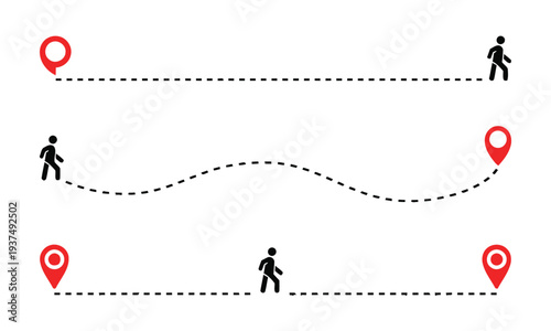 Set of icons representing travel routes with people icons and location pins
