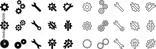 Set of mechanical tools and cogwheel icons in solid and linear styles for technical services