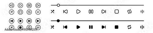Set of media player control icons and progress sliders