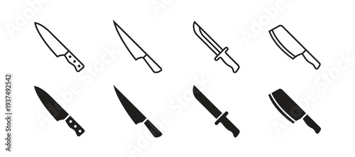 Set of knife icons illustrating different types of blades and handles