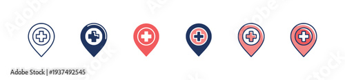 Set of medical location pin icons with cross symbol in different styles and colors.