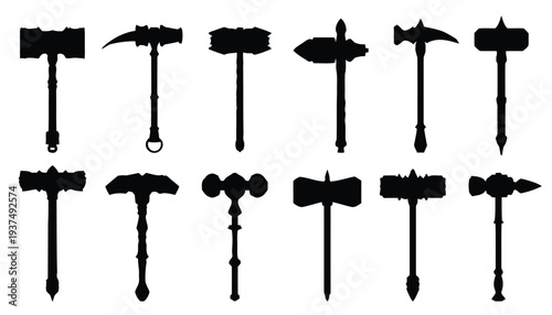 Set of medieval and fantasy war hammer silhouettes in various designs