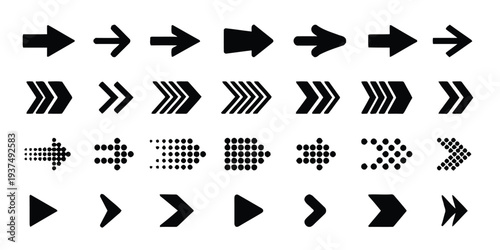 Set of modern black arrow icons with different styles for navigation and direction