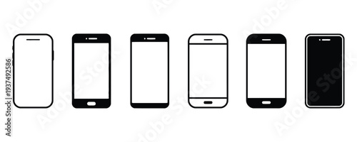Set of modern smartphone icons in black and white, mobile phones in line art and solid fill styles