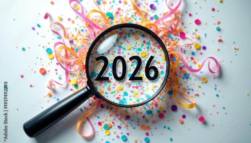 custom made wallpaper toronto digitalMagnifying glass focuses on 2026 year in colorful confetti and festive streamers. Anticipate new year planning goals resolutions and future events.