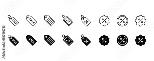 Set of sale and discount tag icons with percentage symbols and price labels