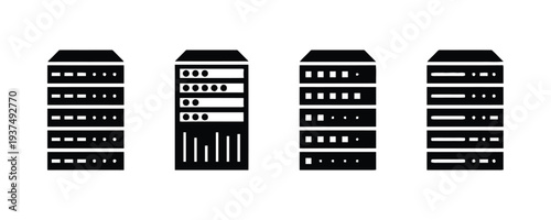 Set of server rack icons, data storage units, and technology hardware illustrations