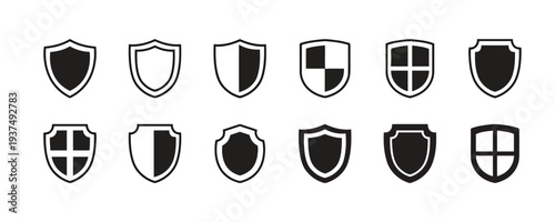 Set of shield icons with various designs and fill patterns for security or protection concepts