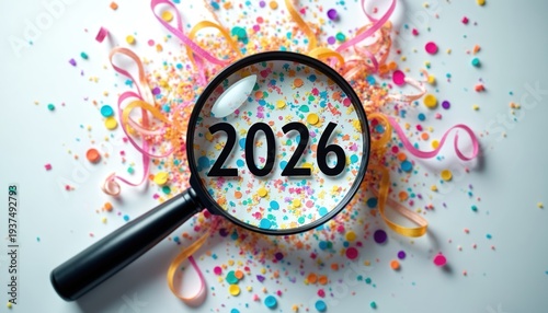 Wallpaper Mural Magnifying glass focuses on 2026 year in colorful confetti and festive streamers. Anticipate new year planning goals resolutions and future events. Torontodigital.ca