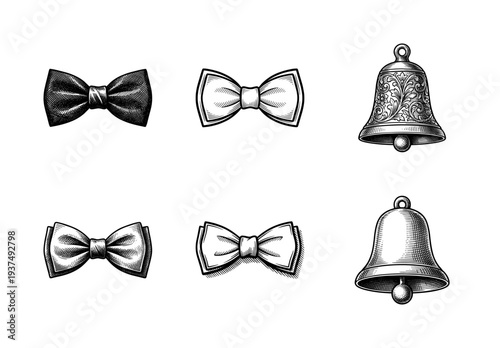 Set of vintage woodcut illustrations featuring four different bow ties and two ornate bells in an engraved etching style.