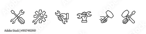 Set of simple line art icons representing construction tools and equipment