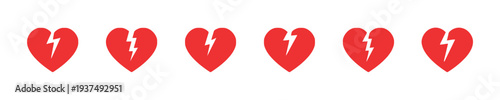 Set of six red broken heart icons with lightning bolt symbol