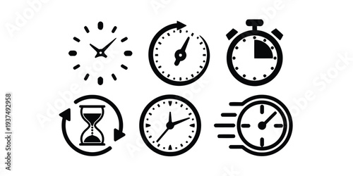 Set of six clock icons and timer symbols representing time measurement and scheduling
