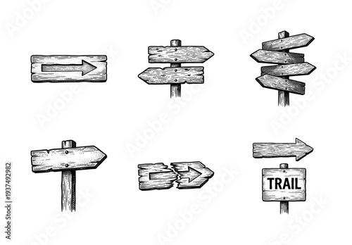 Vintage hand drawn engraving style wooden signpost collection and directional trail arrows for outdoor exploration