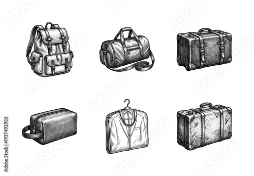 Vintage style engraving collection of travel bags and luggage including backpack duffel bag suitcases and garment carrier