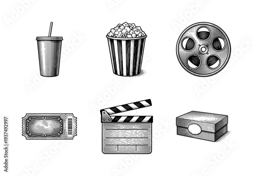 Vintage engraving style collection of cinema and movie theater icons featuring popcorn soda film reel clapperboard ticket and snack box