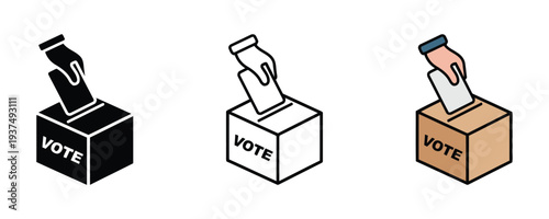 Set of three vote icons showing hand casting ballot into vote box in silhouette outline and color