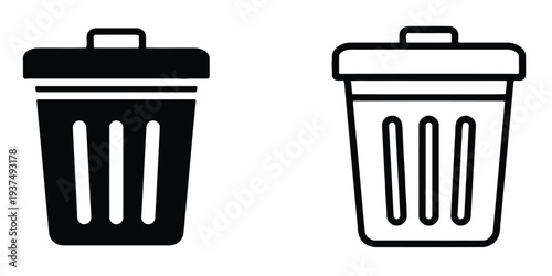 Set of trash can icons in solid and outline styles