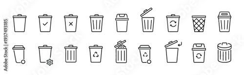 Set of trash can and recycling bin icons in various styles and states