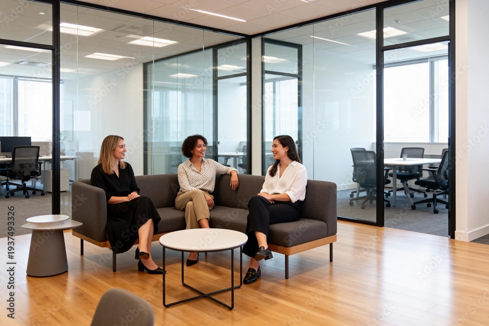 Obraz premium Three Professional Women Discussing in Modern Office