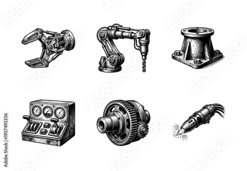 Industrial machinery and mechanical engineering elements collection featuring robotic arm, gears, and control panel in vintage woodcut engraving style.