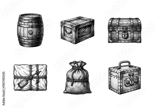Vintage engraving style collection of cargo containers including wooden barrel, crate, treasure chest, sack, parcel, and metal strongbox.
