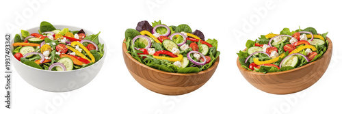 Billede på lærred Set and collection of fresh garden salads with vibrant vegetables in ceramic and