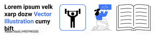 Education, technology, learning, fitness, health, programming. Fitness icon, coding woman with monitor and an open book. Education and technology with visual symbols