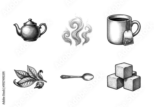 Vintage tea set collection featuring engraved teapot mug with tea bag steam swirl sugar cubes spoon and tea leaves in a classic woodcut style