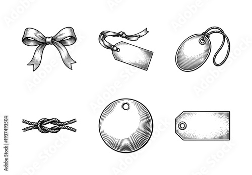 Vintage engraving style collection of gift elements including ribbon bow, rope knot, and various paper price tags with strings for retail and packaging design.