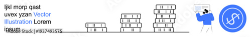 Financial success, business analytics, investment strategies, wealth growth, economic analysis, digital economy. Stacked coins and person analyzing data on a screen. Financial success and business