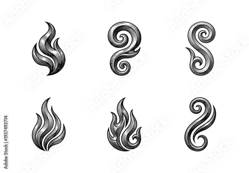 Set of vintage woodcut style flame and smoke swirl illustrations. Collection of engraved fire sparks and decorative steam elements in black line art on white.