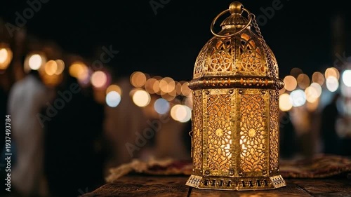Ramadan golden lantern with intricate design lit up at night market isolated on transparent background