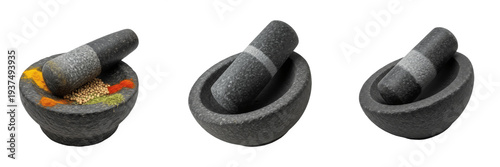 Set and collection of traditional black stone mortar and pestle with crushed Indian spices and aromatic seasonings isolated on white transparent png background