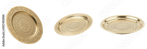 Set and collection of traditional golden brass dinner plates with ornate embossed mandala patterns isolated on white transparent png background