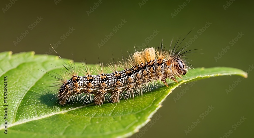 Fototapeta premium Caterpillar on Green Leaf Macro View.