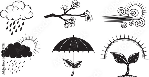 Weather icons and symbols in black and white illustrations