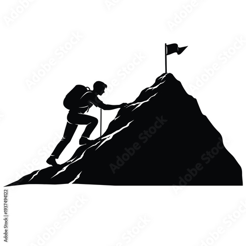 Person climbing steep mountain reaching summit flag, success achievement silhouette vector illustration