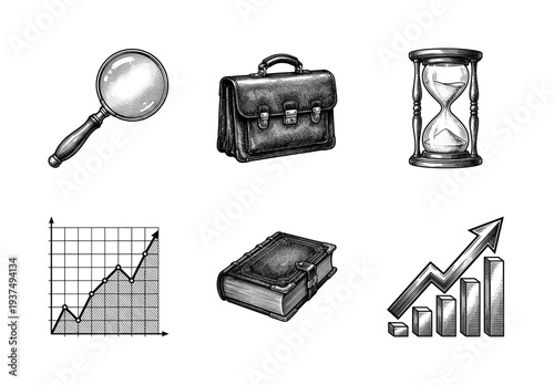 Vintage business and analysis icon set featuring woodcut style illustrations of a magnifying glass, briefcase, hourglass, book, and financial growth charts.