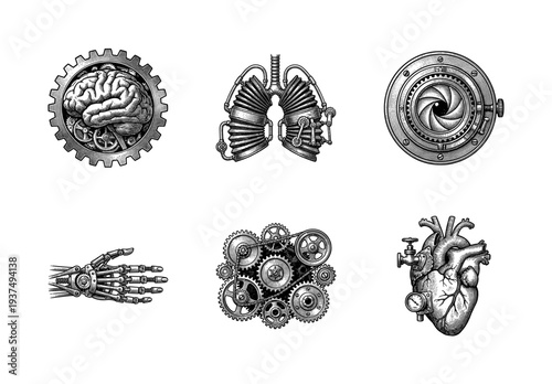 Set of steampunk anatomical illustrations and mechanical components in a vintage woodcut engraving style