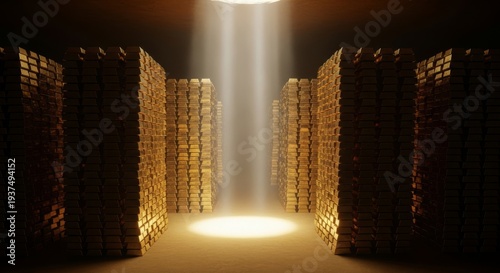 Dramatic light beams pierce a dusty underground chamber, revealing countless stacks of shimmering gold ingots within a hidden treasury, wealth, volumetric, luxury