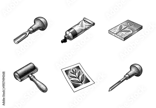 Linocut and woodblock printmaking tool set including gouges, brayer roller, ink tube, and carved block in vintage engraving style