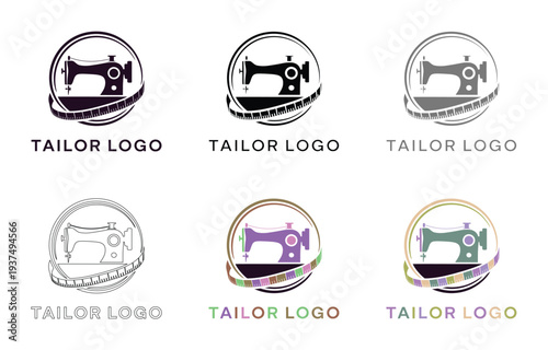 Tailor logo design variations collection with sewing machine icon and colorful circular graphics