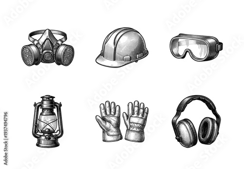 Industrial safety equipment collection featuring hand drawn engraving style illustrations of protective gear and vintage lantern on white