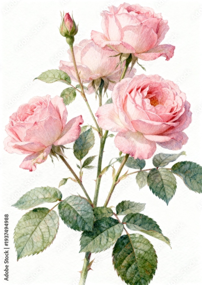 Fototapeta premium Watercolor Painting of Pink Roses with Buds and Leaves