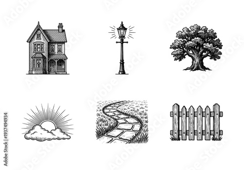 Set of vintage woodcut style illustrations featuring a suburban house, street lamp, oak tree, sunrise, garden path, and wooden fence.